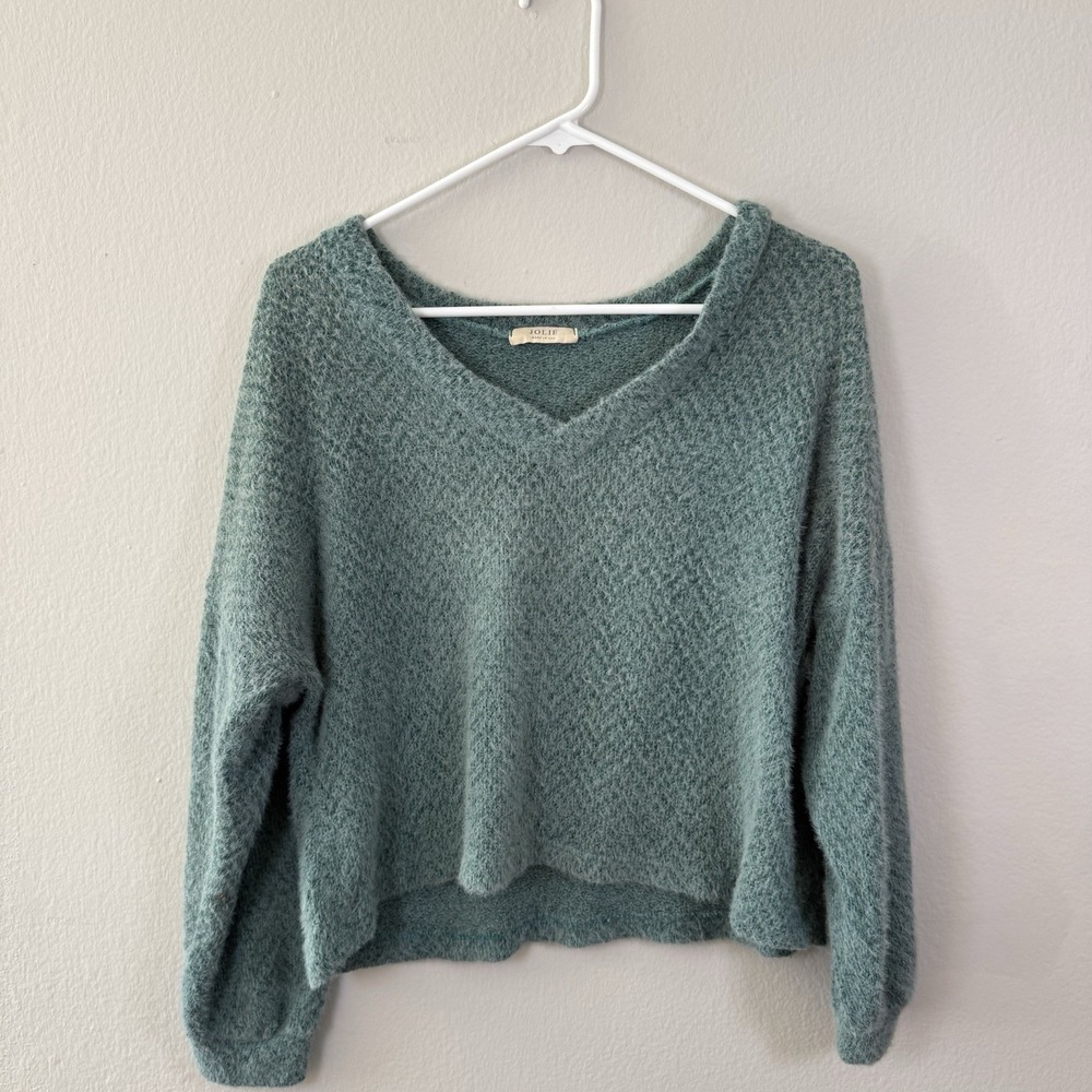 Jolie Teal Fuzzy V Neck Long Sleeve Oversized Sweater‎ Top Women's Size Small